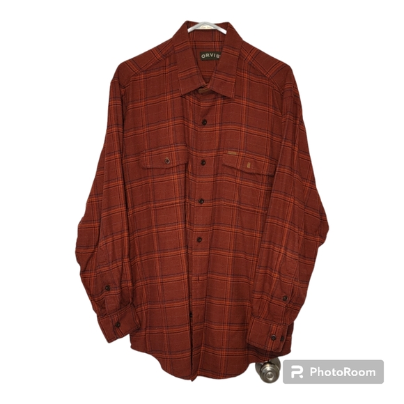 Men's Orvis Perfect Flannel Shirt Orange Plaid - L - Picture 1 of 15